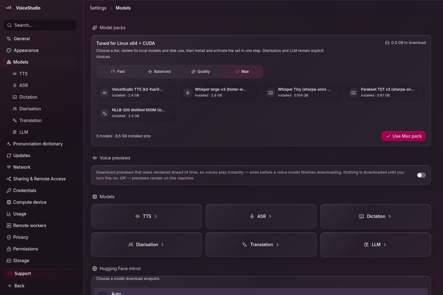 The VoiceStudio Models settings page, showing a model pack with the VoiceStudio TTS model at 2.4 GB, Whisper large-v3 at 2.9 GB, Whisper Tiny, Parakeet TDT v3 and the NLLB-200 translator at 2.4 GB, all installed locally, totalling 8.5 GB