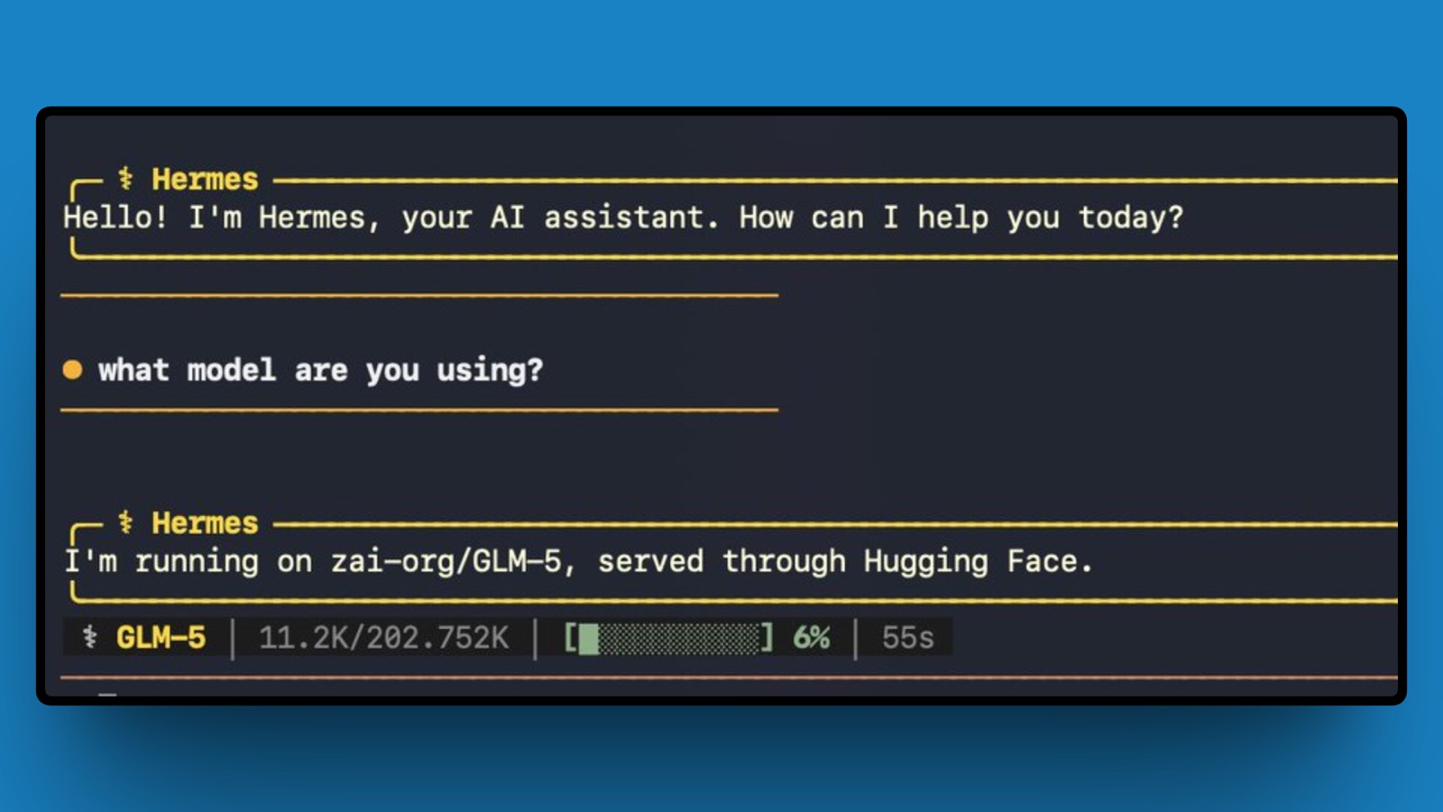 A terminal chat where the Hermes agent answers 'what model are you using' with an open model served through Hugging Face