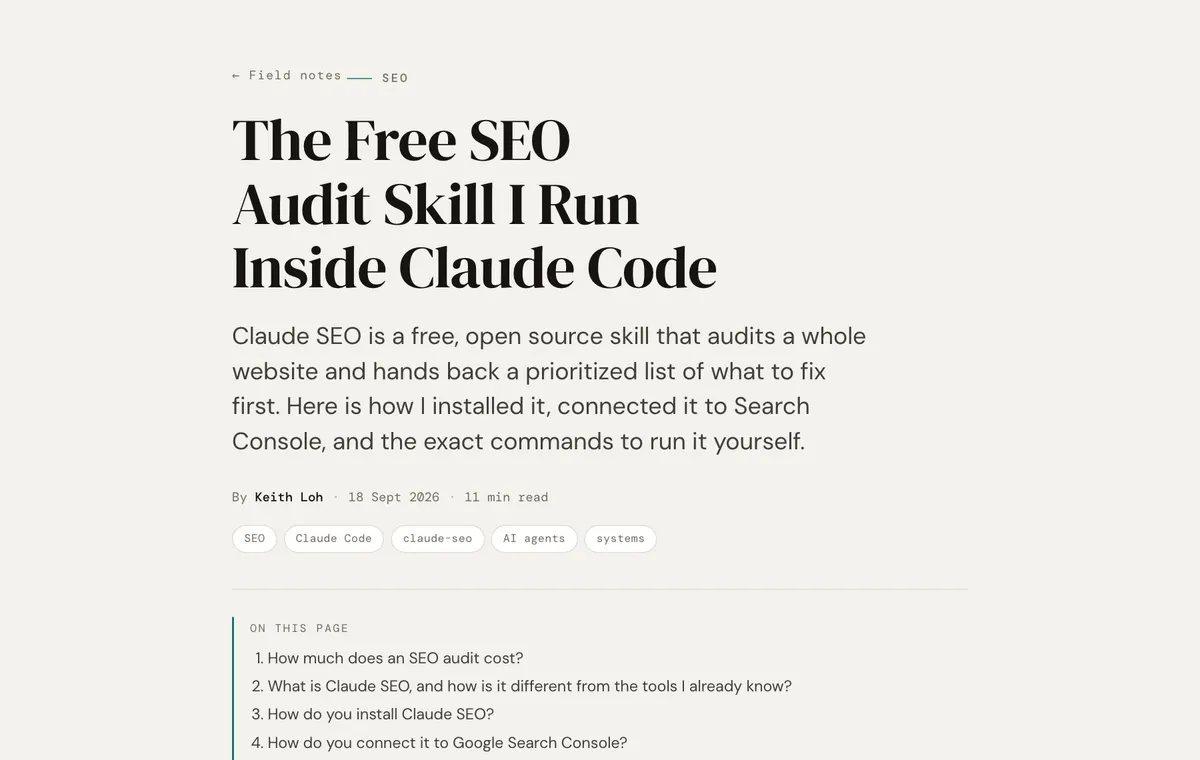 A scalr.sg article: The Free SEO Audit Skill I Run Inside Claude Code