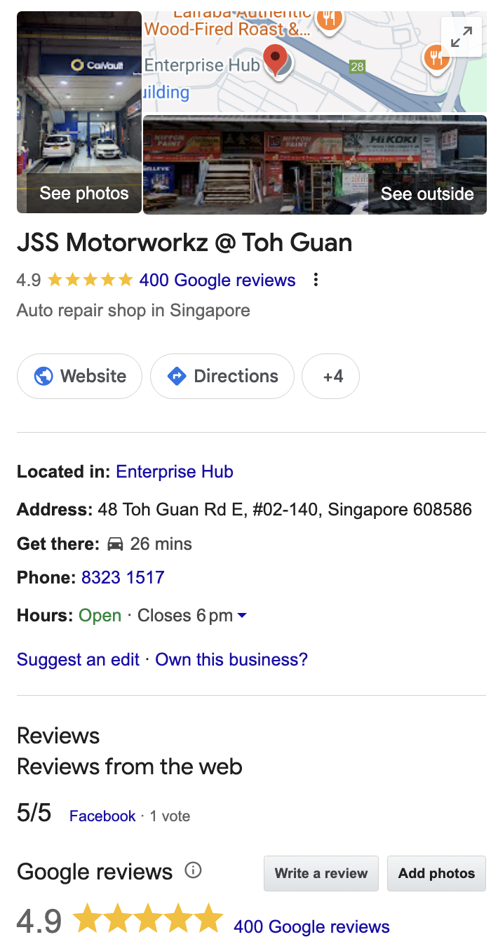 JSS Motorworkz Google Business Profile after, 400 reviews, website live