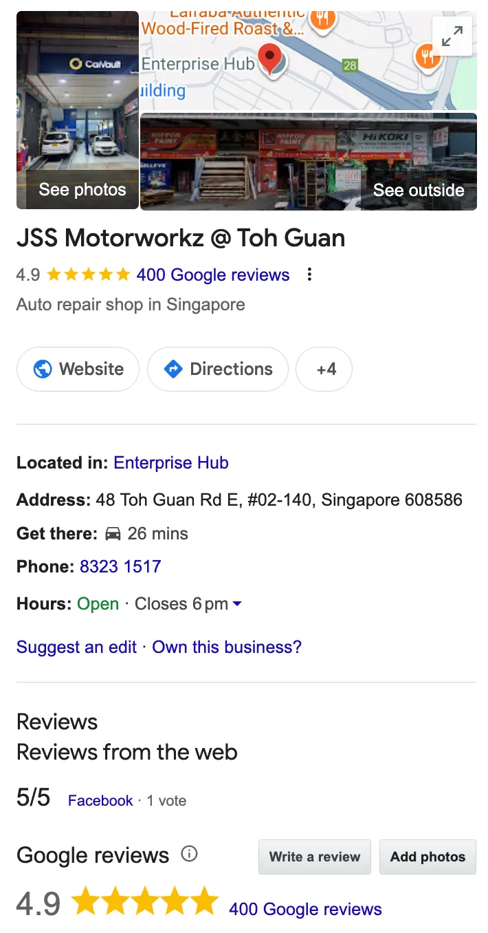 JSS Motorworkz Google profile after: 400 reviews at 4.9 stars, website live
