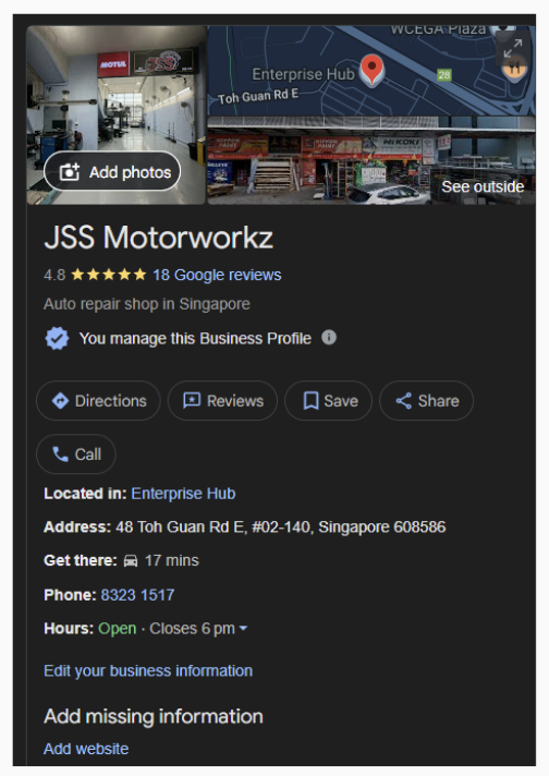 JSS Motorworkz Google Business Profile before, 18 reviews, no website
