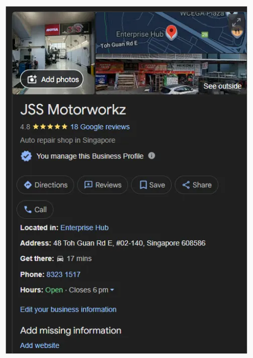 JSS Motorworkz Google profile before: 18 reviews, no website