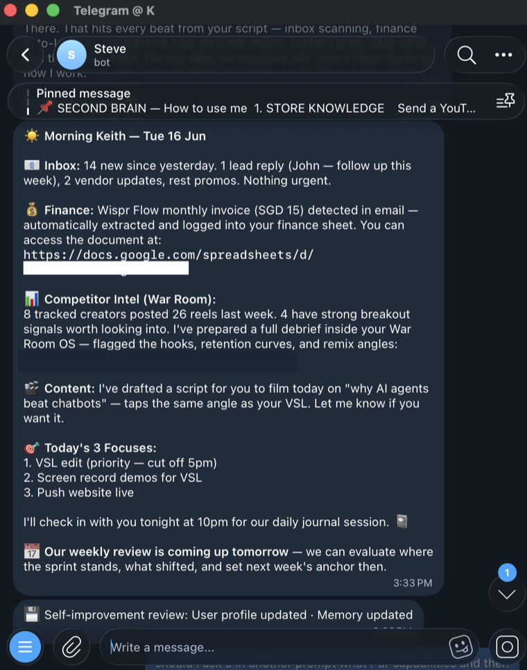 A real morning brief from Steve in Telegram, masked